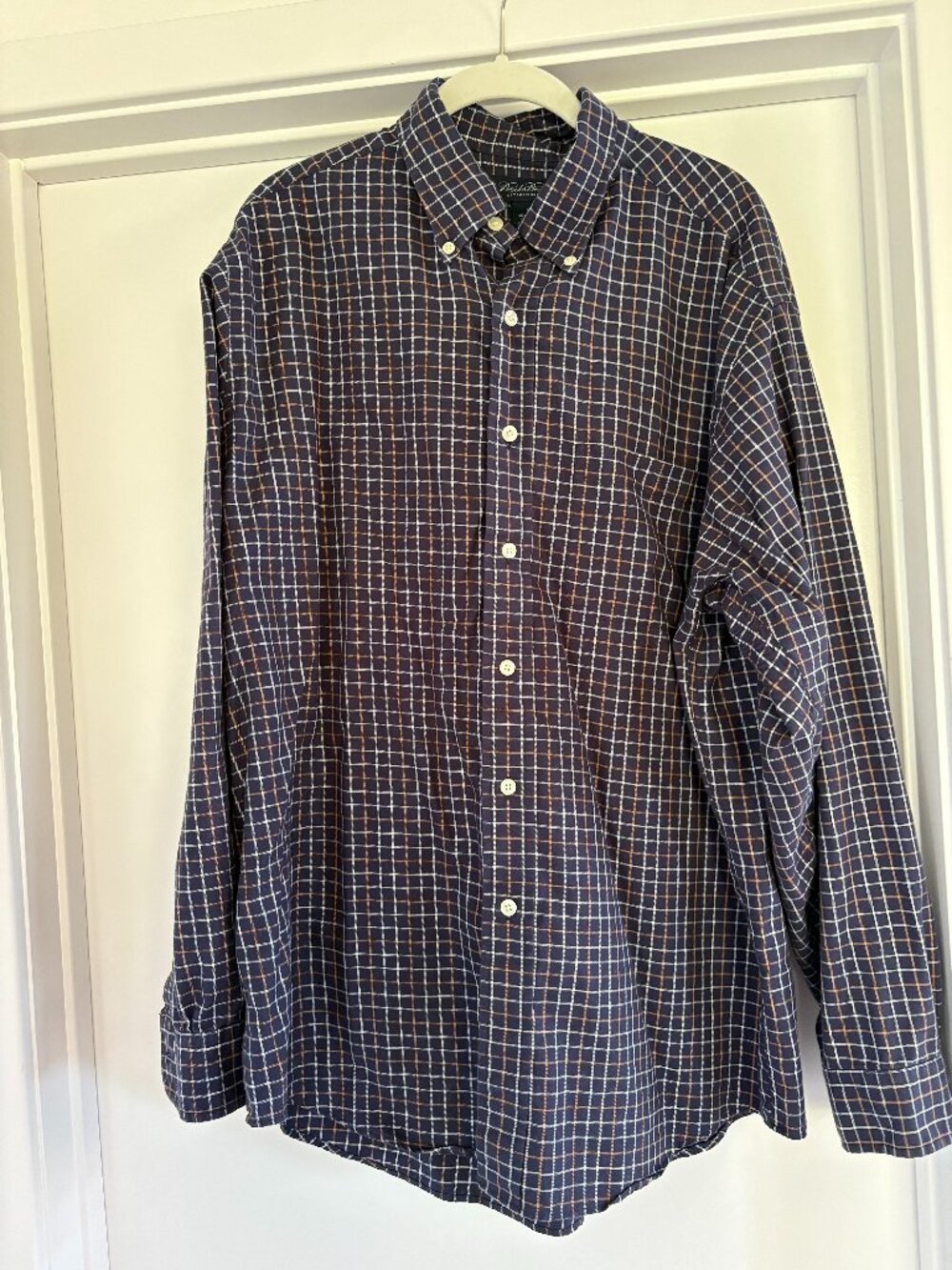 Brooks Brothers Navy Grid Plaid Long Sleeve Button Down Dress Shirt, Large